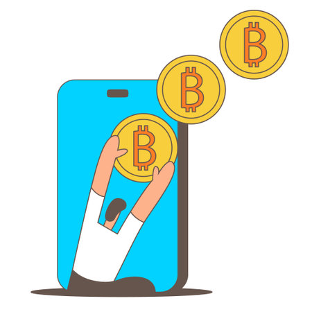 Cryptocurrency wallet and crypto coins in app. Devices for storing electronic cryptocurrency banknotes. Savings blockchain technology. Flat vector illustration.のイラスト素材