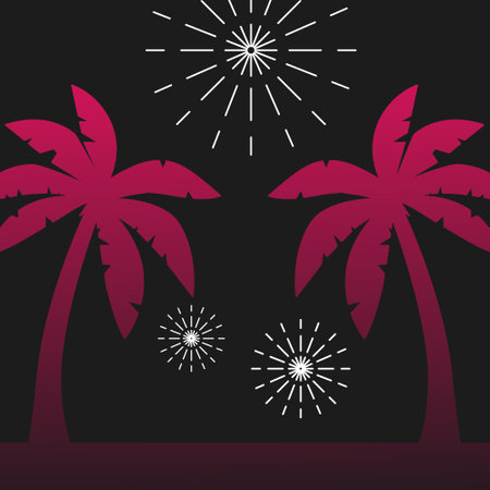 Colorful exploding fireworks in the sky on island. Design for celebration card, poster, festival banner. Flat vector illustration.のイラスト素材