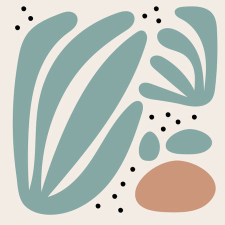 Floral abstract minimalist design featuring colorful geometric plants shapes and circles in a harmonious composition. Decorative modern style with playful symmetry. Flat vector ilのイラスト素材