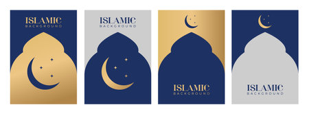 Islamic Arabic Golden set with moon and stars. Border Arabesque Pattern Luxury Background For Eid Al-Fitr, Al-Adha, Ramadan Kareem Mubarak. Flat vector illustration for card, posteのイラスト素材