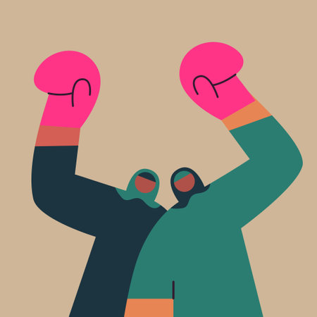 Boxing gloves women. Muslim women boxing training. Flat vector illustration in cartoon style.のイラスト素材