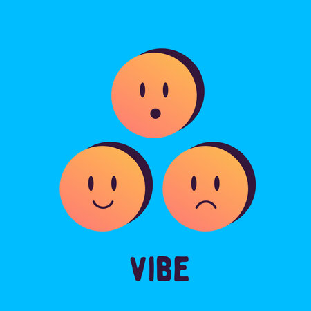 Group of emoticons each with different facial expression and vibe text. Mood, personality and quirky joy. Flat vector illustration.のイラスト素材