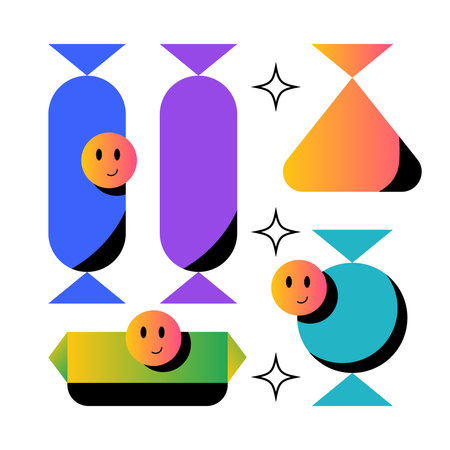 Various candies, sweets set. Different wrappers, colors, shapes. Fruits, chocolate, caramel, lollipops, chewy candies. Sugar confectionery concept. Flat vector illustration on whitのイラスト素材