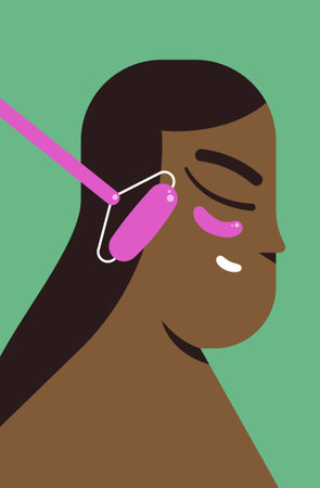 Facial massage, self-care. Skin care for black woman. Spa procedures. Flat vector illustration.のイラスト素材