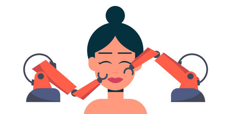 Facial massage, self-care with ai robot arms. Skin care. Spa procedures. Flat vector illustration.のイラスト素材