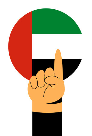 Dubai, National flag of Islamic United Arab Emirates and hand. UAE, Abu Dhabi. Original color in circle. Flat Vector illustration.のイラスト素材