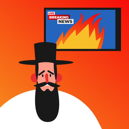 Breaking news for television with red and orange background and fire, television news broadcast about Israel. Multimedia and Technology. Flat vector illustration.のイラスト素材