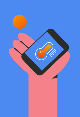 Heat advisory app. High temperature with thermometer and sun. Heat warning. Flat vector illustration.のイラスト素材