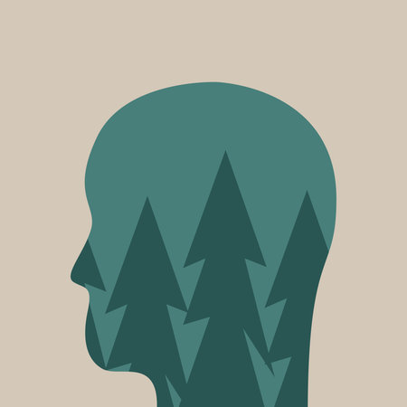 Wellness in nature abstract silhouette. People engaging in digital detox, forest bathing, and enjoying urban green spaces for mental health. Flat Vector illustration.のイラスト素材