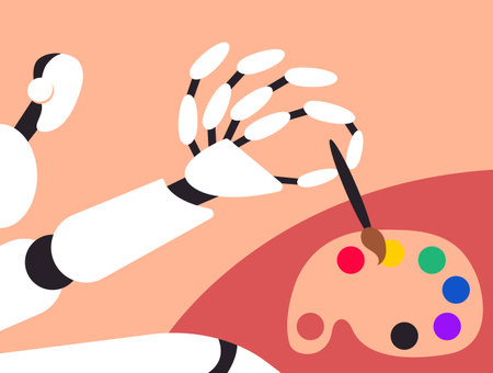 AI Robot Hand Painting with Brush and Palette. Artificial Intelligence in Art and Creativity Concept. Flat Vector Illustration.のイラスト素材