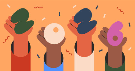 Happy New Year 2026 Banner with Diverse Hands Holding Numbers. Teamwork and Celebration Concept. Vector Illustration.のイラスト素材