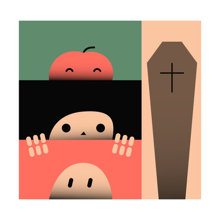 Playful Halloween illustration with coffin, skull, pumpkin, and ghost. Minimalist spooky design perfect for seasonal ads, party invites, and festive campaigns.のイラスト素材