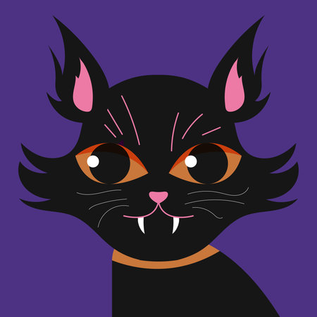 Spooky Black Cat Portrait for Halloween. Witch's Familiar with Fangs. Festive Vector Character Illustration.のイラスト素材
