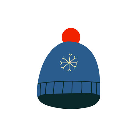 Abstract Knitted Winter Hat Icon with Snowflake. Modern Christmas Beanie Symbol for Cold Weather and Holiday Design. Vector Illustration.のイラスト素材