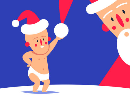 Baby New Year and Santa Claus Holiday Celebration Minimalist Abstract Flat Design Illustration Baby Wearing Santa Hat Holding Snowball Next to Santa's Face.のイラスト素材