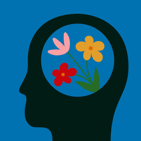 Human Head Profile with Flowers Mental Health Positive Thinking Minimalist Abstract Flat Design Illustration Bouquet Inside Head Shape on Blue Background.のイラスト素材
