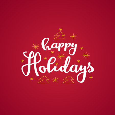 Happy Holidays Calligraphy Greeting with Minimalist Gold Outlined Trees and Snowflake Accents on a Red Gradient Background.のイラスト素材