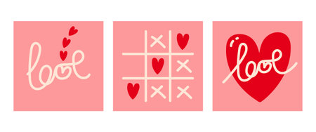 Set of Romantic Cards with Hearts and Love Typography and Tic Tac Toe Game in Minimalist Doodle Style on Pink Background.のイラスト素材