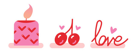 Set of Valentine Day Elements with Heart Patterned Candle and Cherries and Love Typography in Minimalist Doodle Style on White Background.のイラスト素材