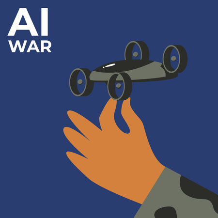 AI War Drone Control Concept Human Hand Holding Military Autonomous Aircraft Technology.