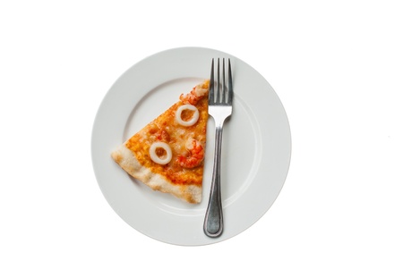 Seafood Pizza Slice in white dish on a white backgroundの写真素材