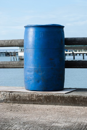 Blue plastic 200 litre open top barrelの写真素材
