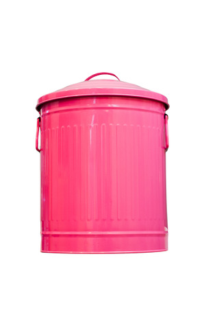 Pink trashcan metal with lid isolated on whiteの写真素材