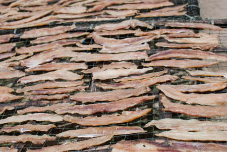 Dried fish on the net in market for saleの写真素材