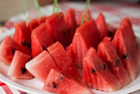 Watermelon Slices on dish on red and white checkered background