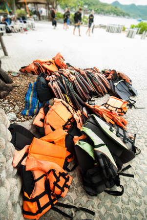 Life jacket on the concrete.の写真素材