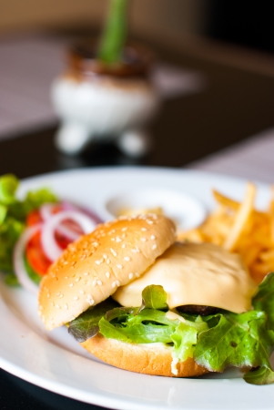 Cheeseburger And Fries with vegetables in white dish の写真素材