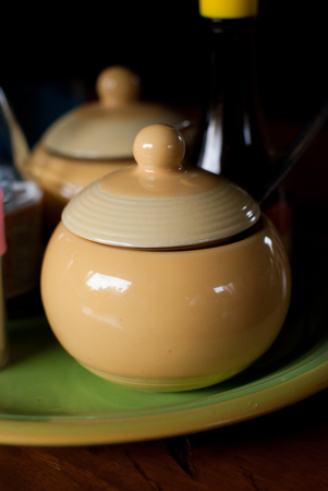 Thai Condiment Set in Ceramic plate green の写真素材