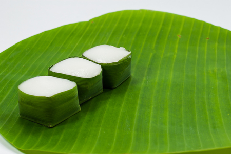 Thai Dessert sweet Coconut Milk on Banana leaf  Kanom Tako  on banana leafの写真素材