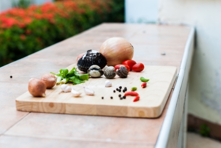 Fresh herbs, spices , garlic , tomatoes , scallop and onions on chopping boardの写真素材