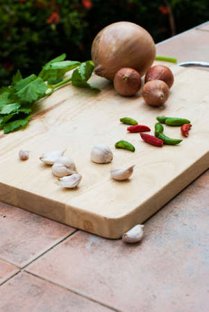Fresh herbs, spices , garlic and onions on chopping boardの写真素材