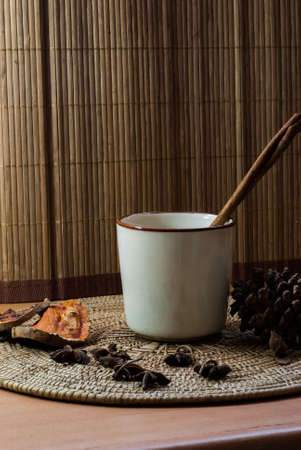 Coffee cup placed on a bamboo tray aの写真素材