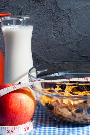 healthy breakfast with milk on the wooden tableの写真素材