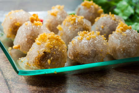 Sago pork, Thai Dessert and Appetizer on the matの写真素材