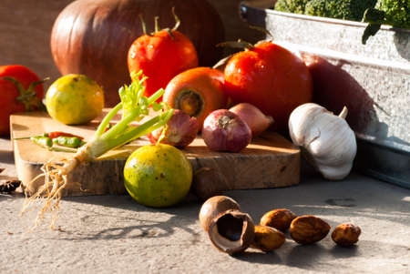 vegetables still life tomatoes , garlic , onions and carrotの写真素材