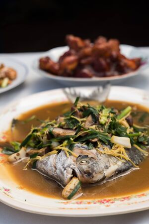 steamed fish chinese style on tableの写真素材