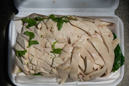 Thai food steamed chicken in box for eatの写真素材