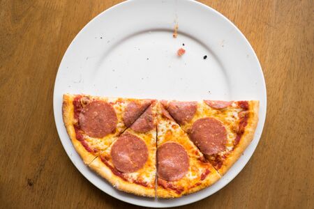 sliced salami pizza on a white plate,home madeの写真素材