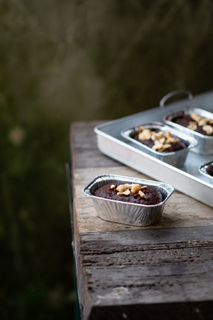 Cake chocolate brownies on the baking trayの写真素材