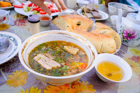 Shurpa, tasty soup, Uzbek cuisine, homemade bread