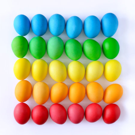 Easter eggs on white background, rainbow colors, top viewの写真素材