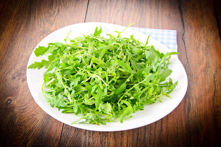 Arugula on Dark Woody Background.の写真素材