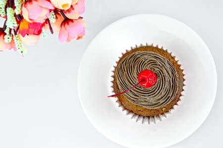 Cake with Cream and Cherry, Cupcake. Sweet Foodの写真素材