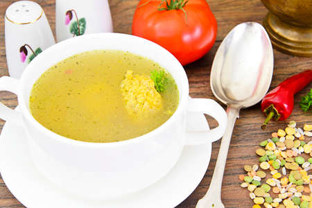 Healthy and Diet Food: Soup with Lentils and Meatballs. Studio Photo