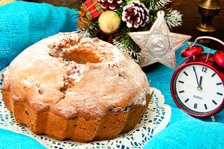 Christmas Cake on Holiday Background. New Year Photo