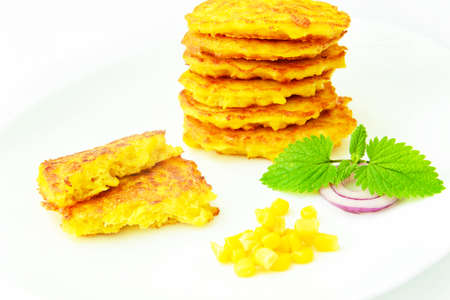 Healthy and Diet Food: Corn Fritters with Corn. Studio Photo